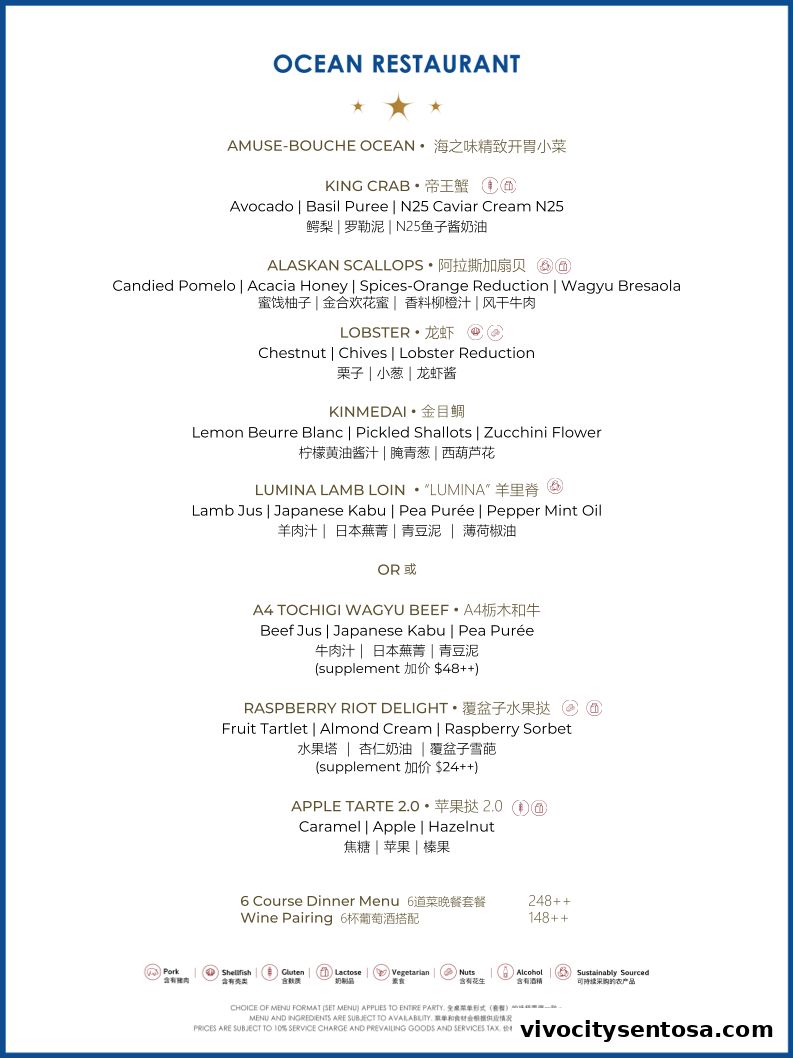 Menu page for OCEAN Restaurant