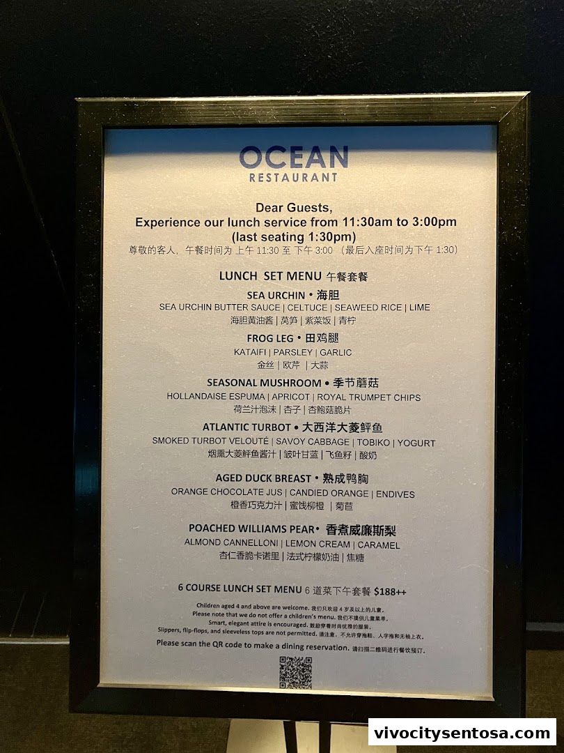 Menu page for OCEAN Restaurant