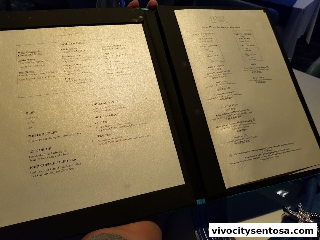Menu page for OCEAN Restaurant