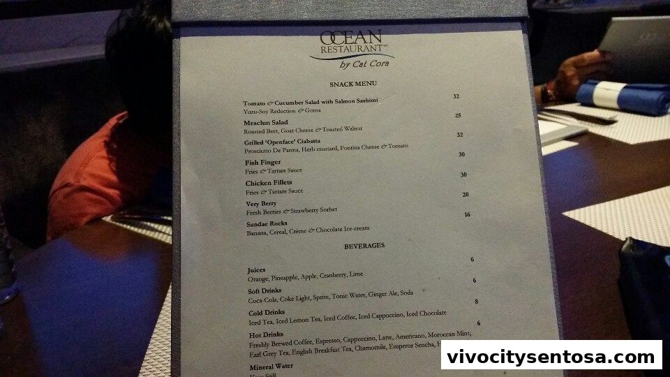 Menu page for OCEAN Restaurant