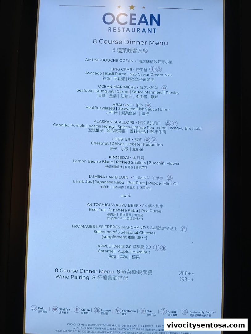 Menu page for OCEAN Restaurant