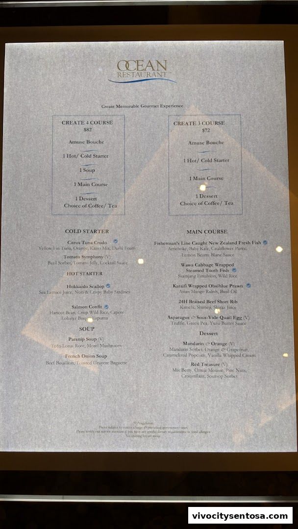 Menu page for OCEAN Restaurant