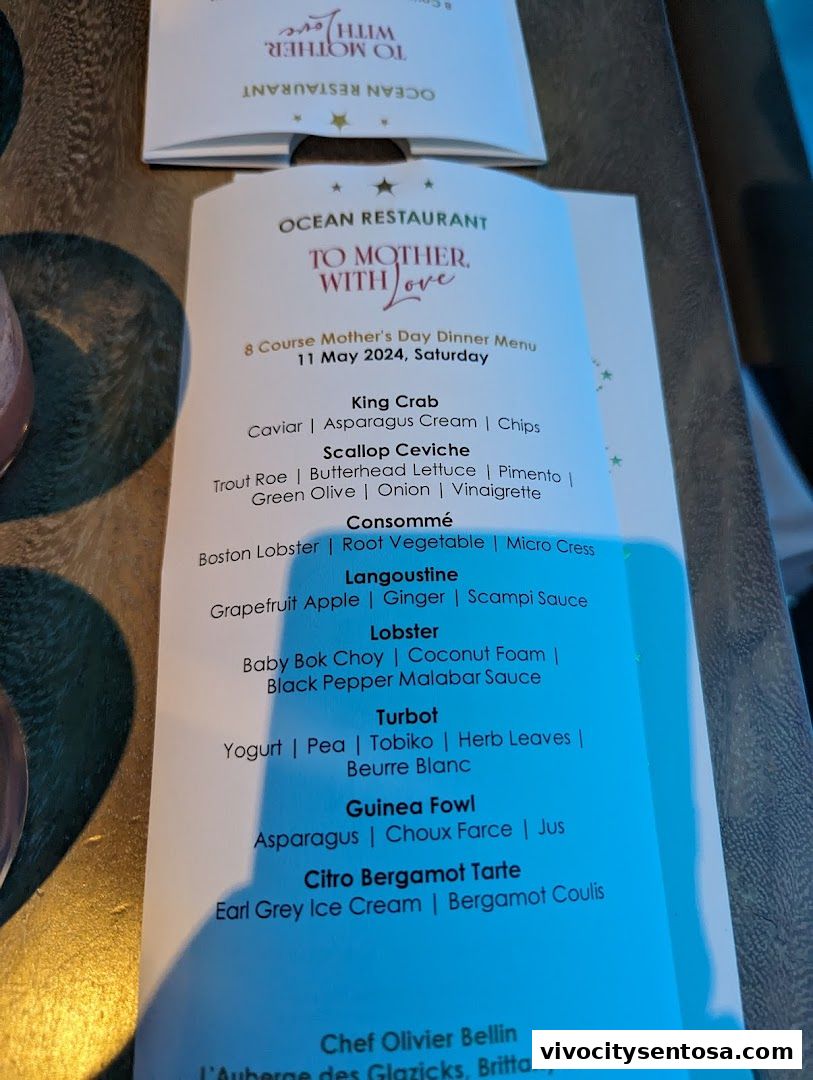Menu page for OCEAN Restaurant