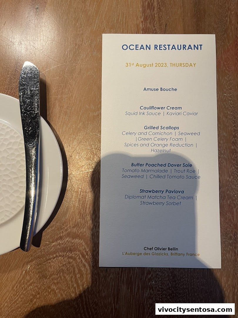 Menu page for OCEAN Restaurant