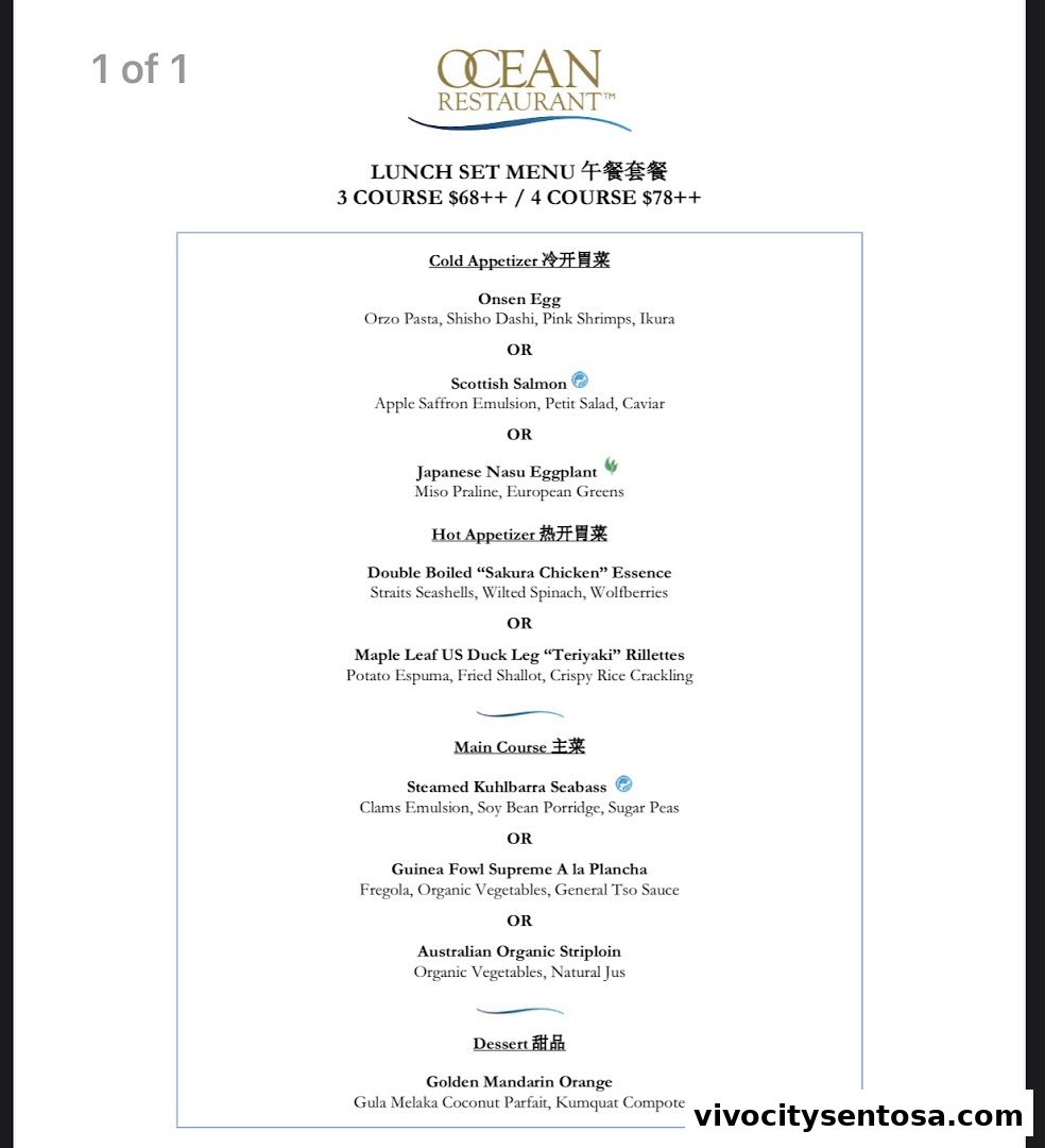 Menu page for OCEAN Restaurant