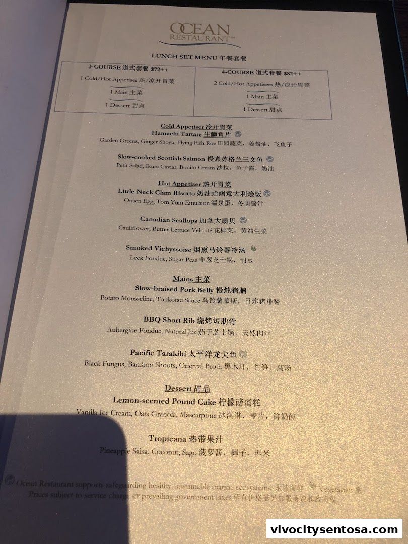 Menu page for OCEAN Restaurant