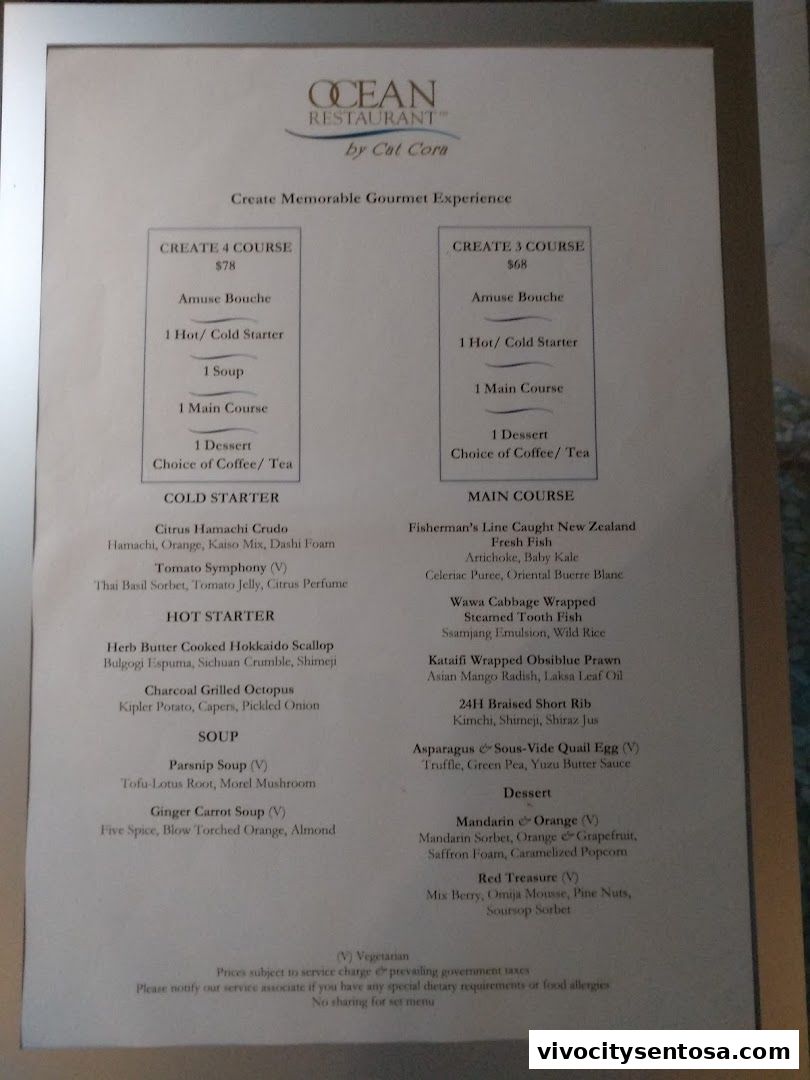 Menu page for OCEAN Restaurant