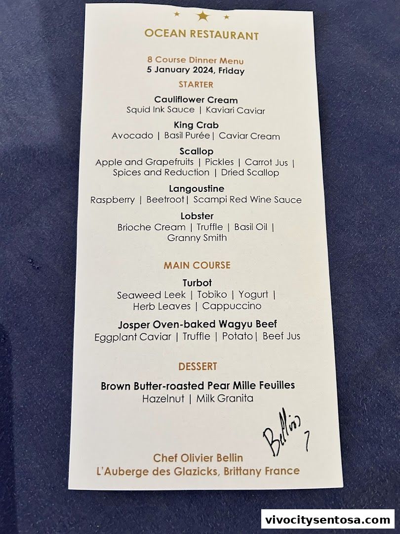 Menu page for OCEAN Restaurant