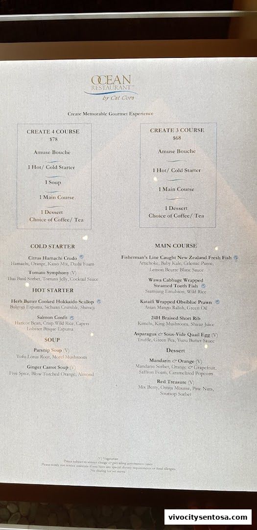 Menu page for OCEAN Restaurant