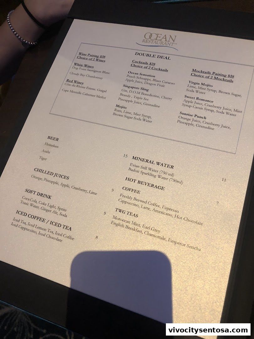Menu page for OCEAN Restaurant