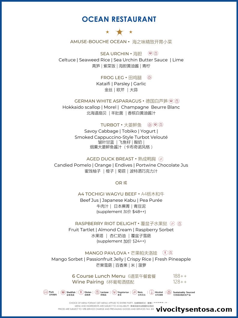 Menu page for OCEAN Restaurant