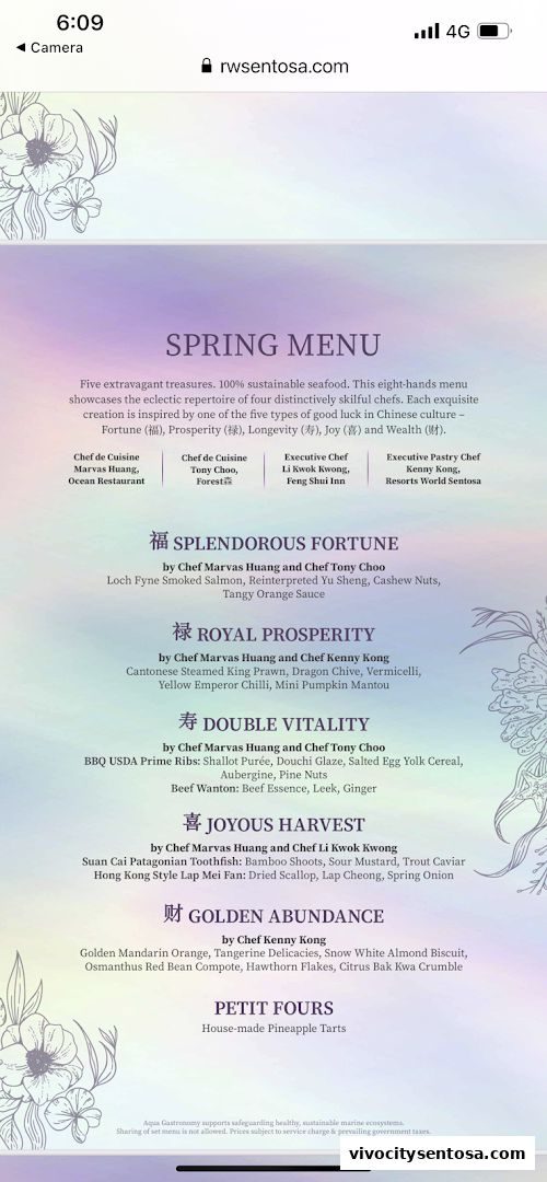 Menu page for OCEAN Restaurant
