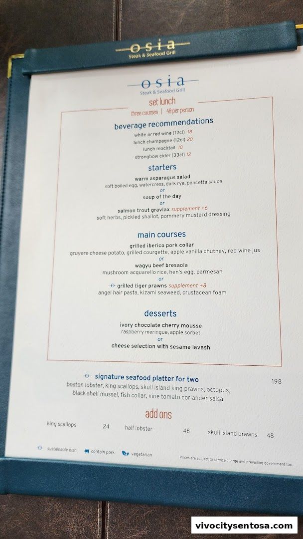 Menu page for Osia Steak and Seafood Grill