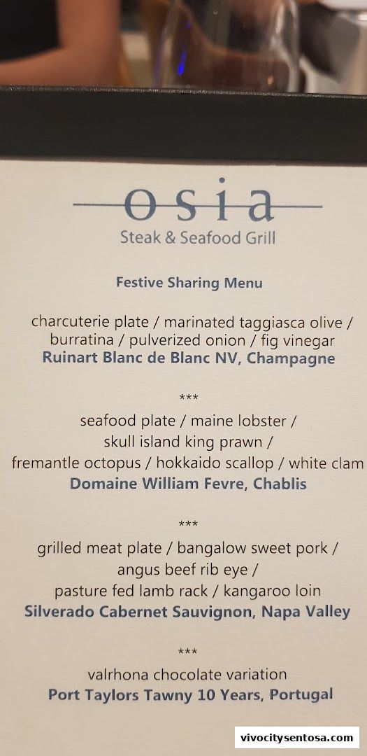 Menu page for Osia Steak and Seafood Grill
