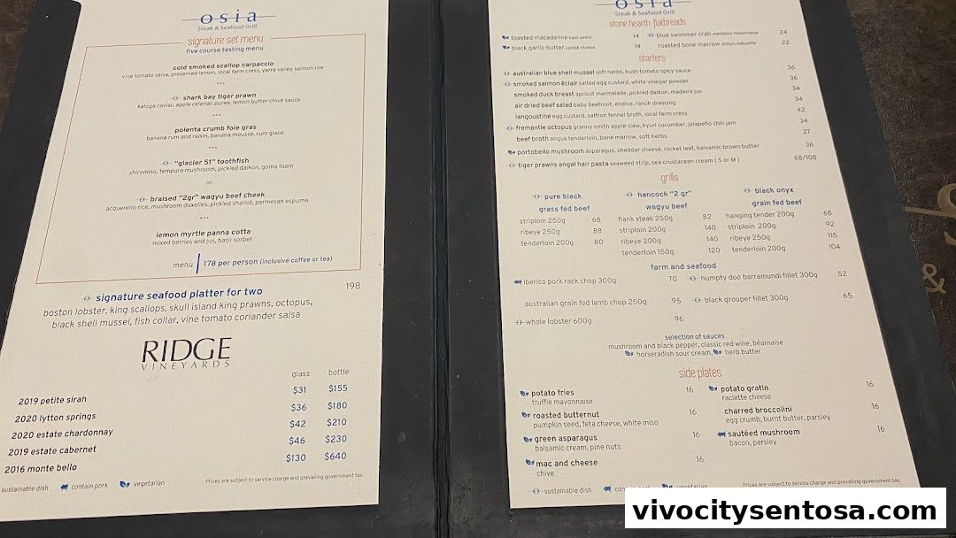 Menu page for Osia Steak and Seafood Grill