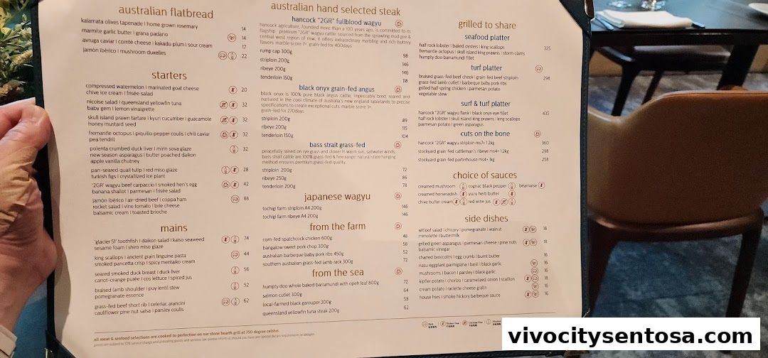 Menu page for Osia Steak and Seafood Grill