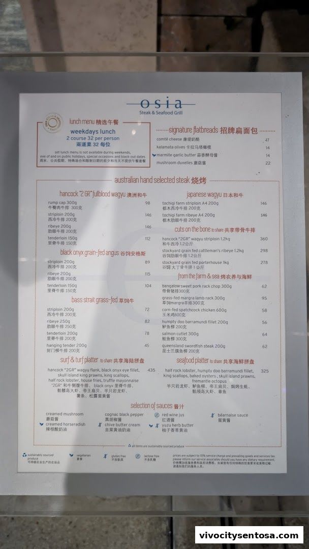 Menu page for Osia Steak and Seafood Grill