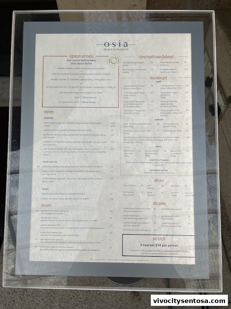 Menu page for Osia Steak and Seafood Grill