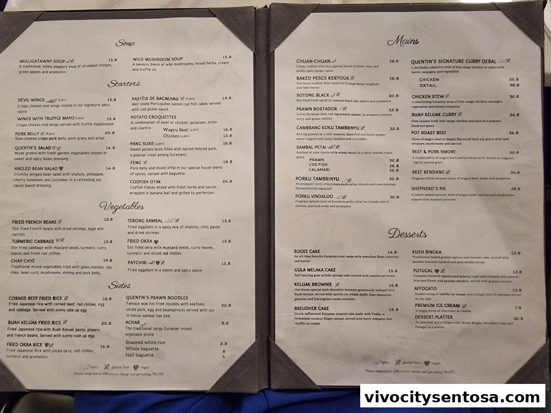 Menu page for Quentins Bar and Restaurant
