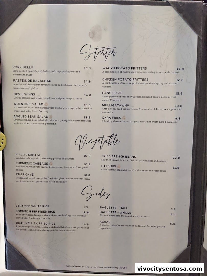 Menu page for Quentins Bar and Restaurant