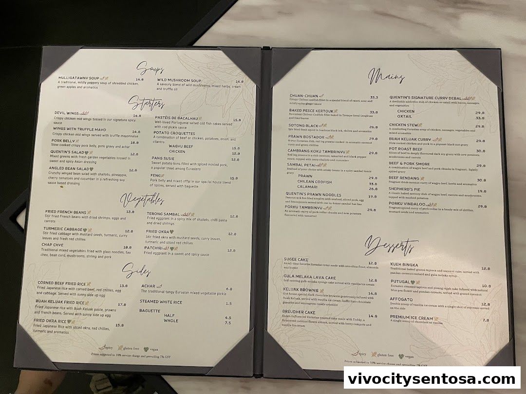 Menu page for Quentins Bar and Restaurant