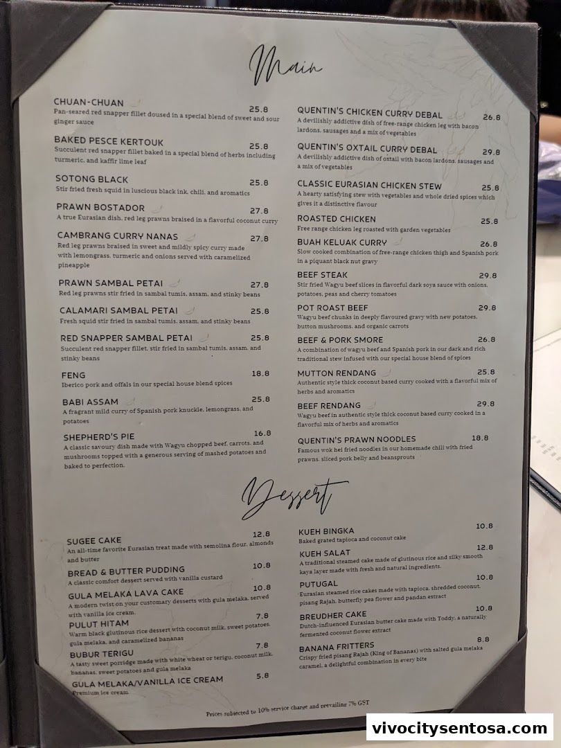 Menu page for Quentins Bar and Restaurant