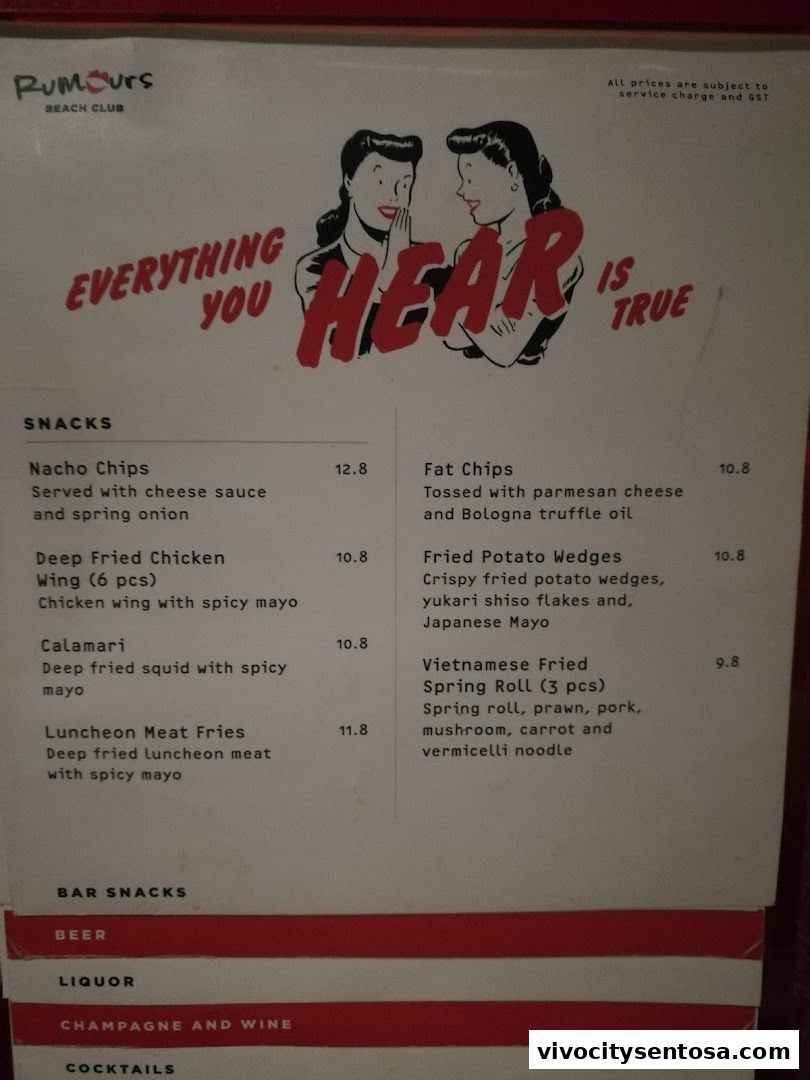 Menu page for Rumours Beach Club