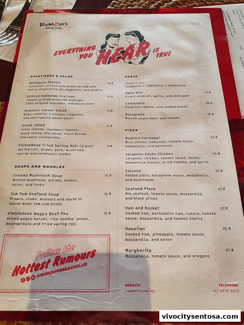 Menu page for Rumours Beach Club