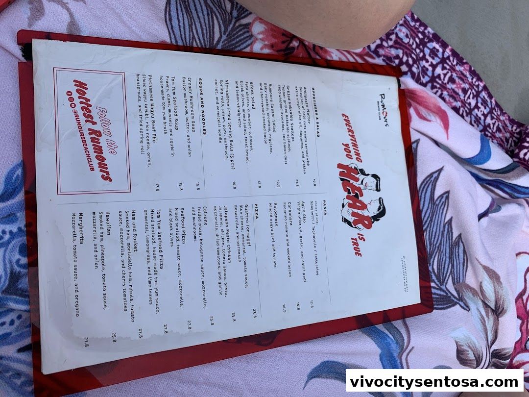 Menu page for Rumours Beach Club