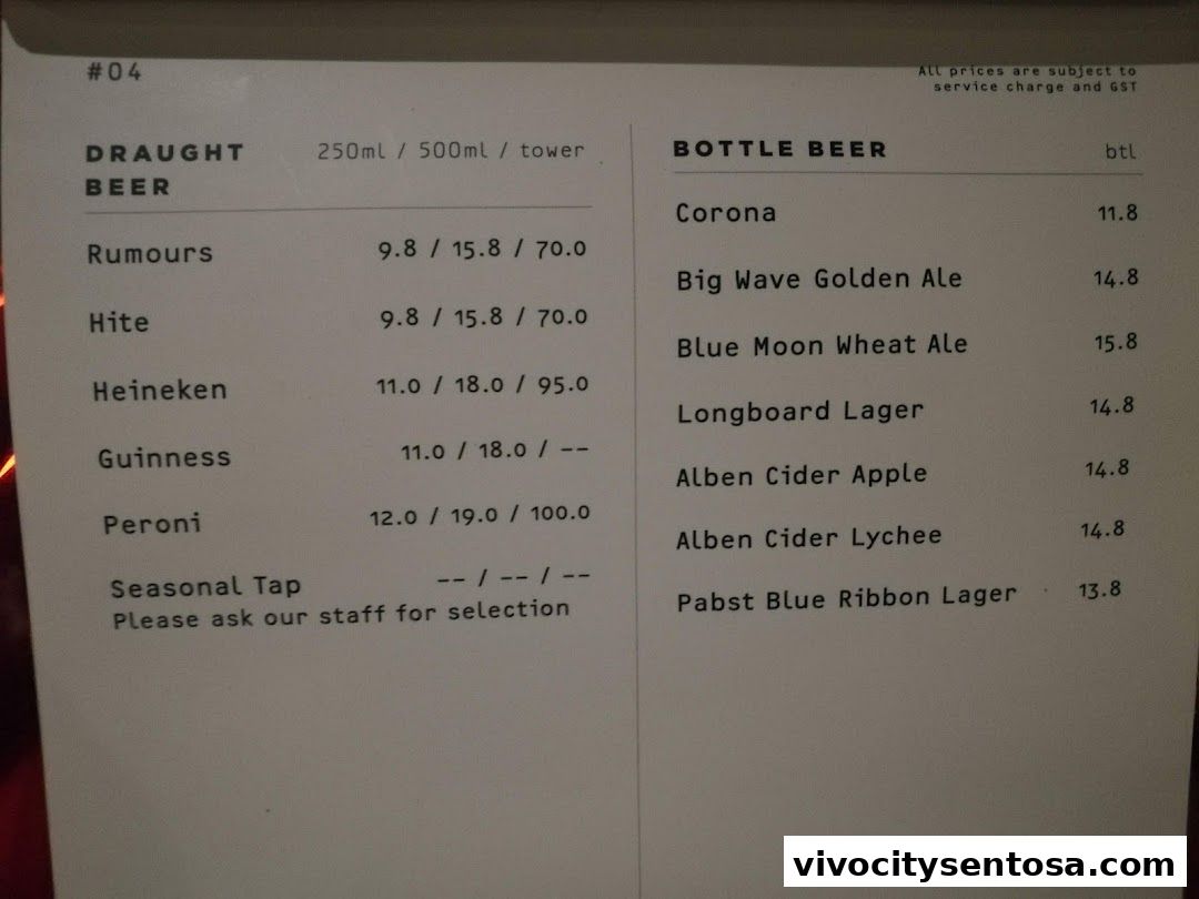 Menu page for Rumours Beach Club