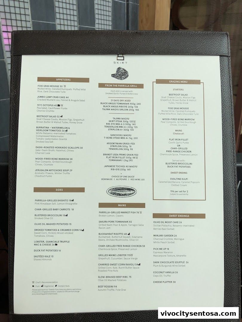 Menu page for SKIRT Restaurant