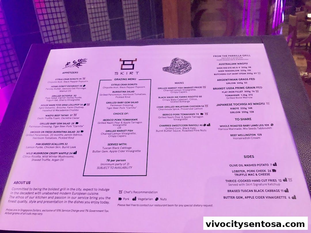 Menu page for SKIRT Restaurant