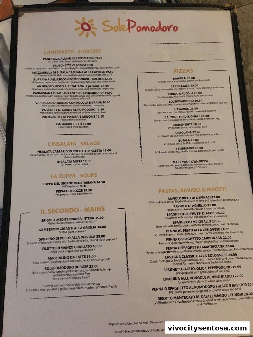Menu page for SolePomodoro Trattoria Pizzeria