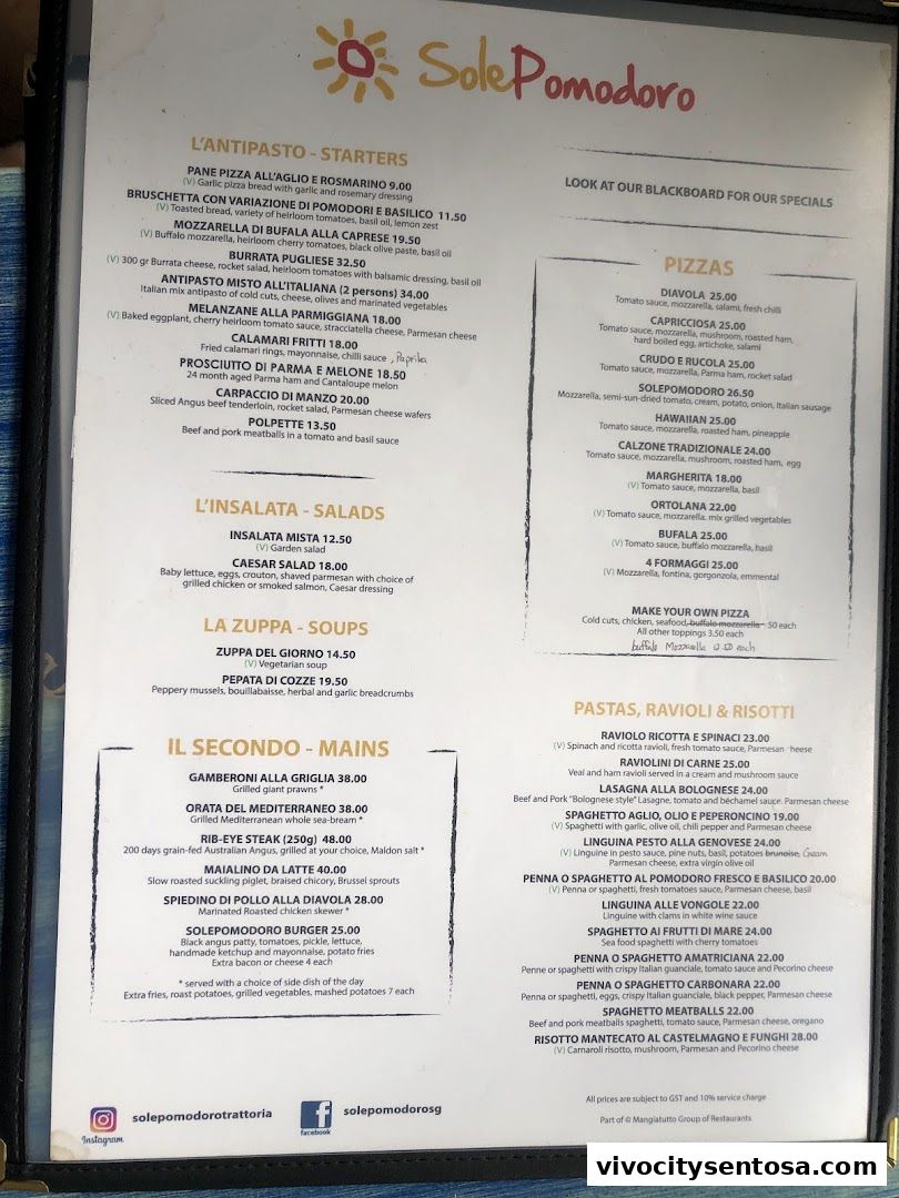 Menu page for SolePomodoro Trattoria Pizzeria