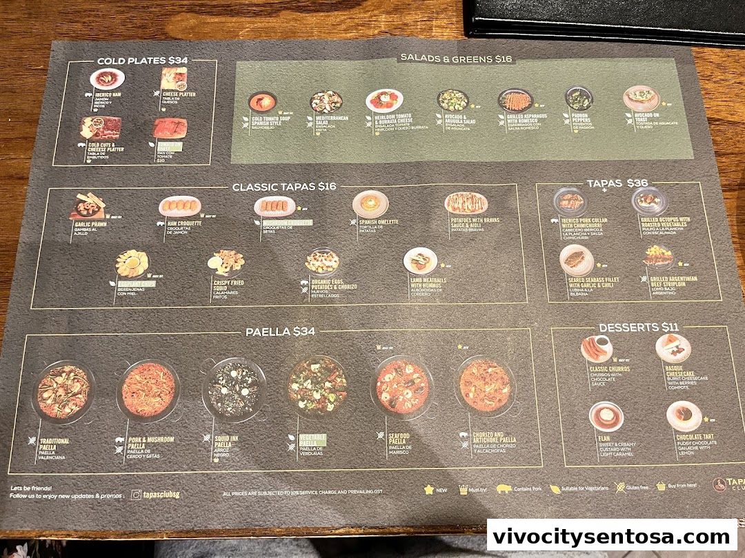 Menu page for Tapas Club  VivoCity
