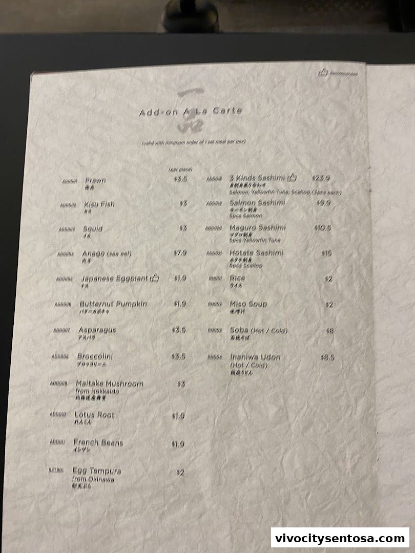 Menu page for Tempura Makino VivoCity