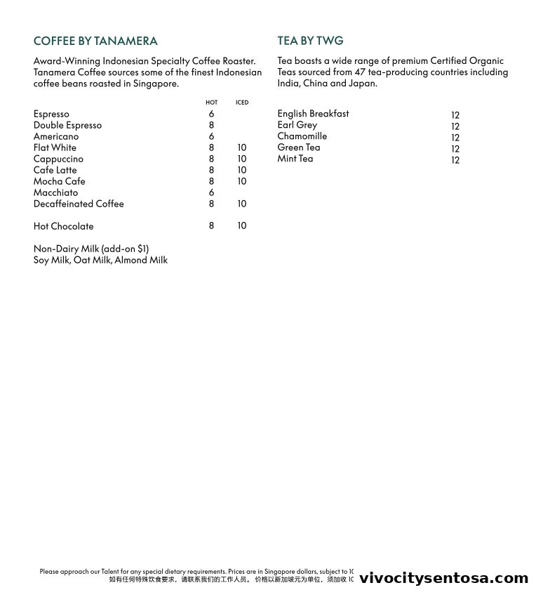 Menu page for the kitchen table