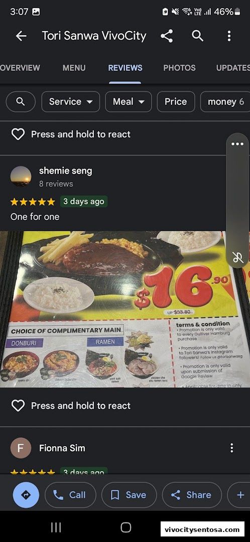 Menu page for Tori Sanwa VivoCity