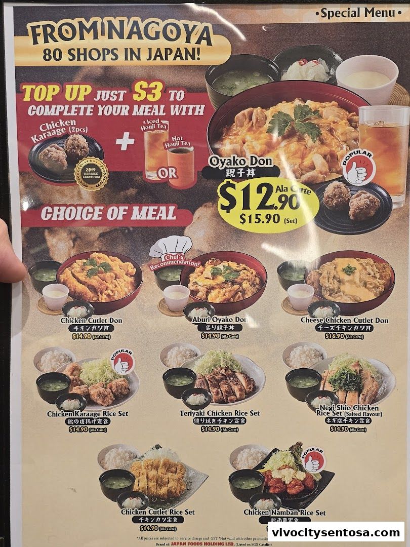 Menu page for Tori Sanwa VivoCity