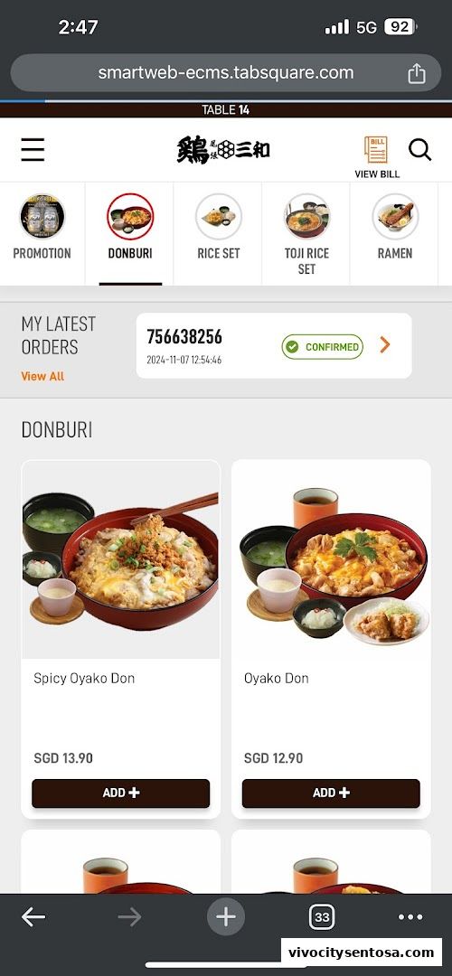 Menu page for Tori Sanwa VivoCity