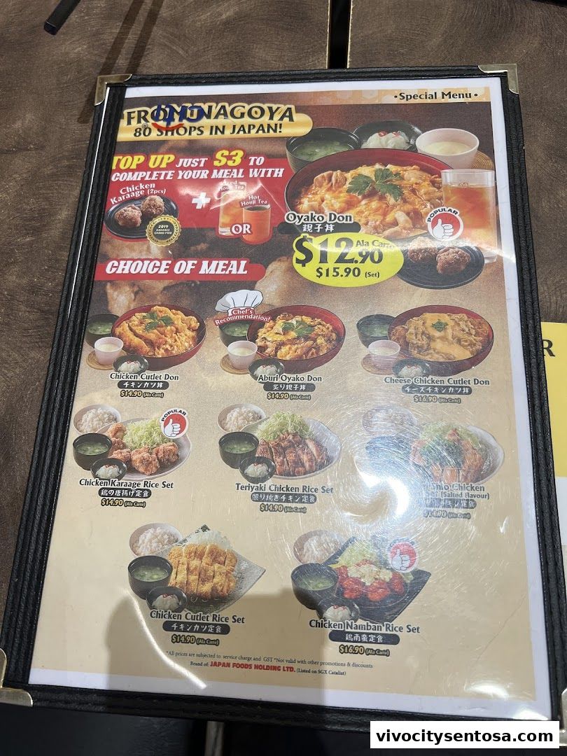 Menu page for Tori Sanwa VivoCity