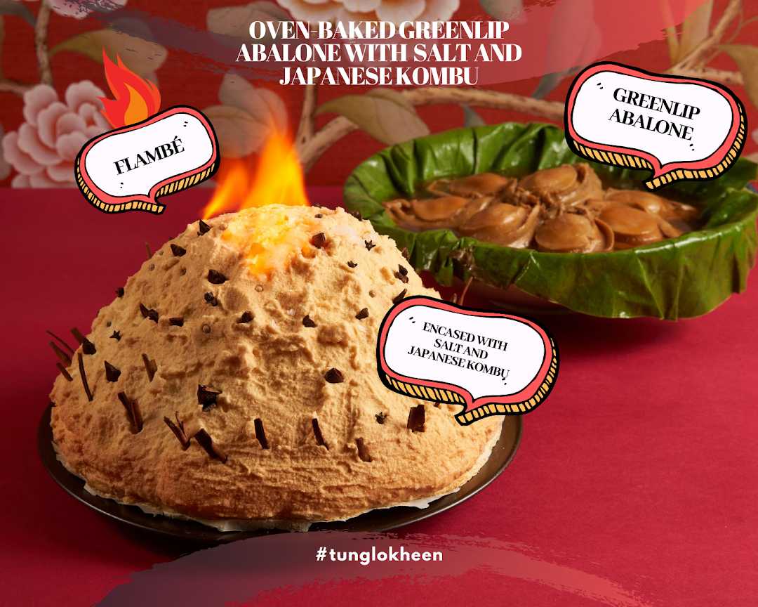 A flambéed dish of oven-baked greenlip abalone with salt and Japanese kombu.