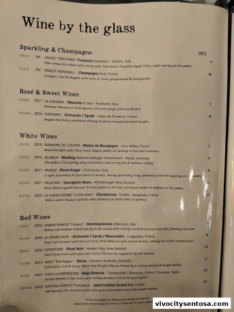 Menu page for Wine Connection Bistro VivoCity