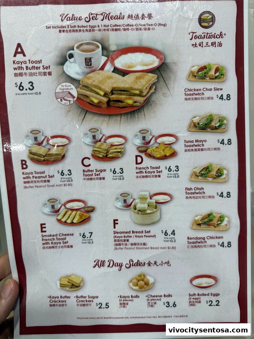 Menu page for Ya Kun Kaya Toast Vivocity