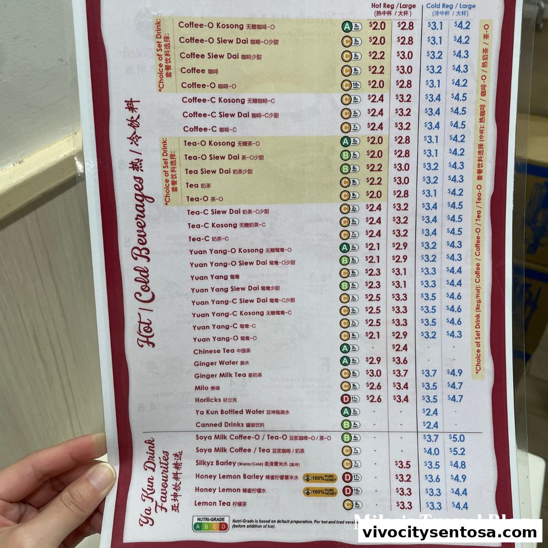 Menu page for Ya Kun Kaya Toast Vivocity