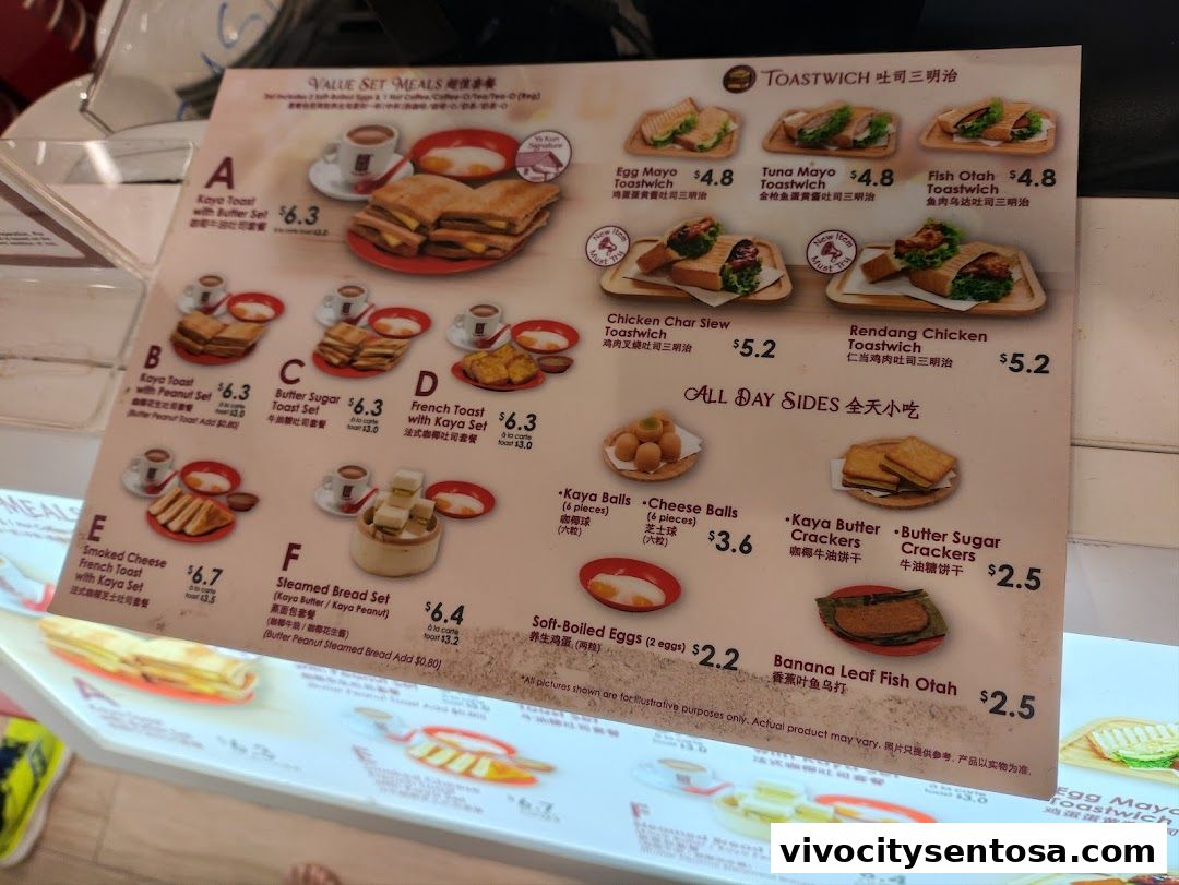 Menu page for Ya Kun Kaya Toast Vivocity