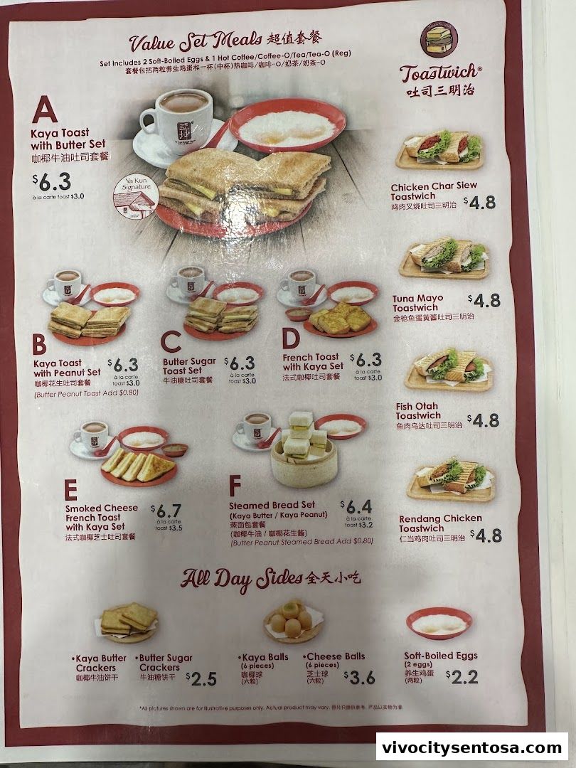 Menu page for Ya Kun Kaya Toast Vivocity