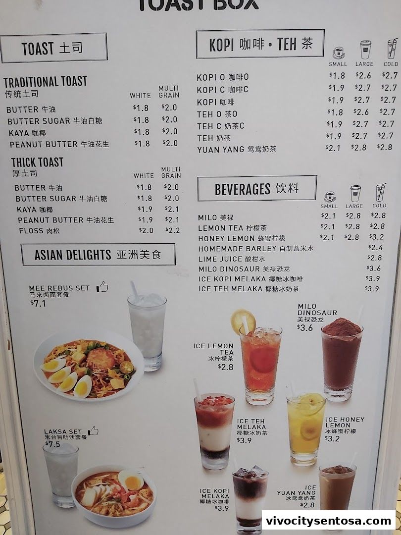 Menu page for Ya Kun Kaya Toast Vivocity