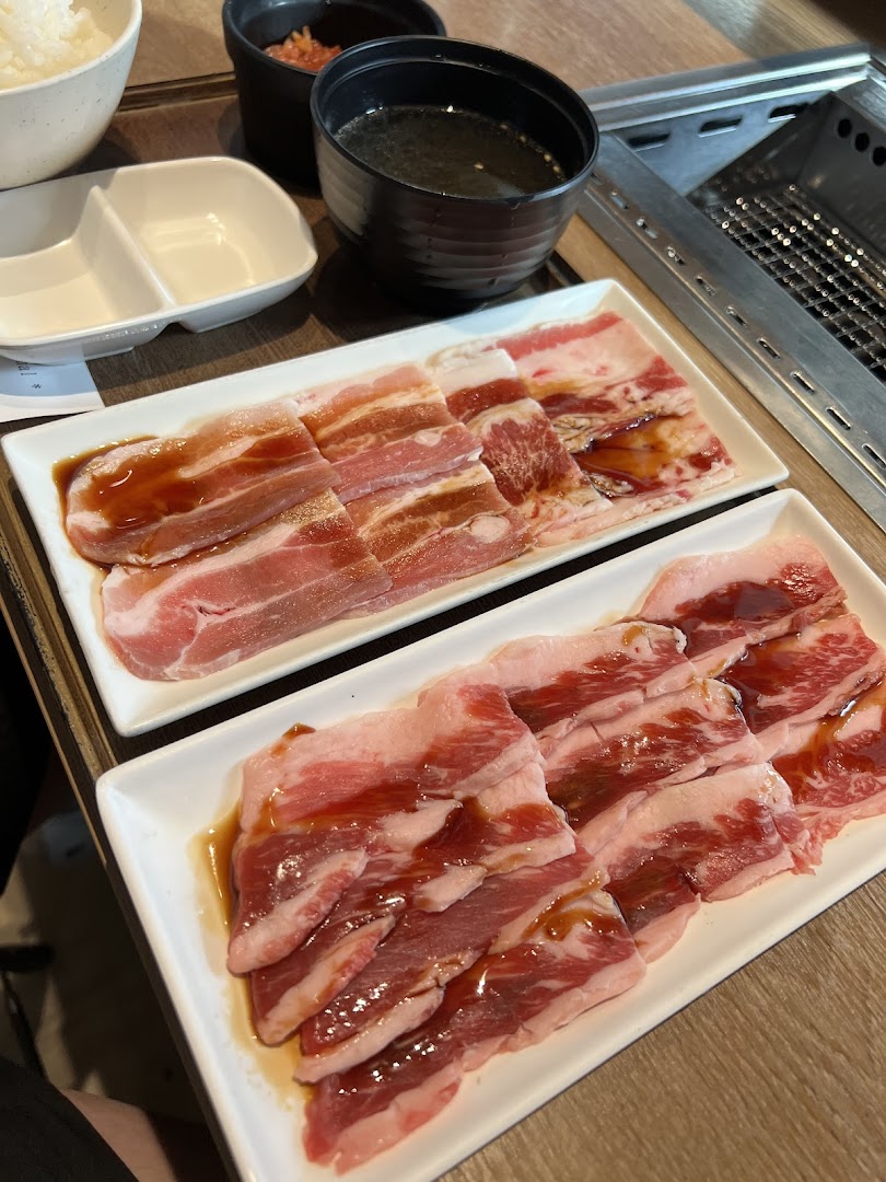 Plates of thinly sliced raw meat with sauce, rice, and soup on a table.